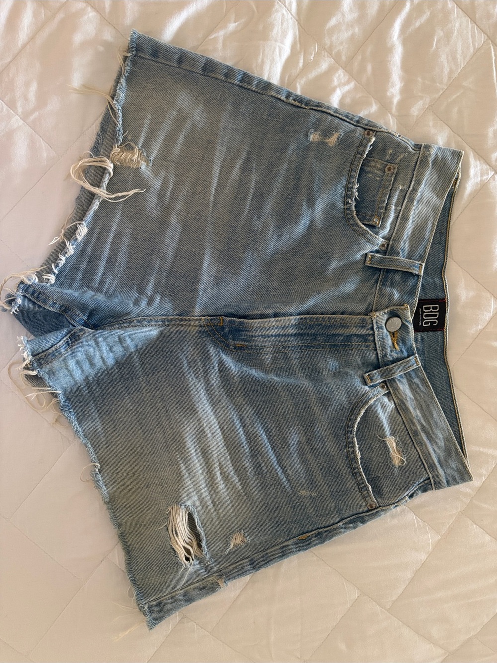 BDG A-Line 28 in — Light Wash Frayed Hem Distressed Denim Shorts